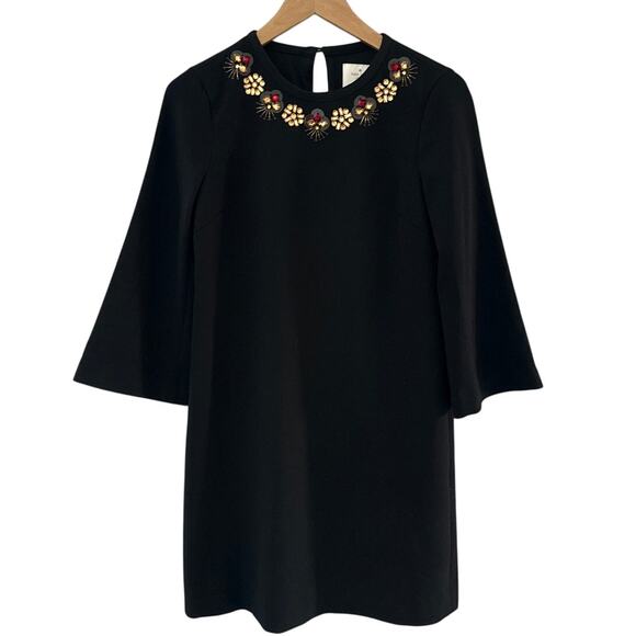 Kate Spade Lucy Jeweled Neck Bell Sleeve Crepe Black Shift Dress Size 2 - Picture 11 of 16